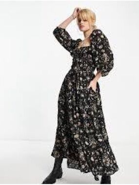Free people Shirred Maxi Dress Black Blossom Square Neck Floral  Rare SP Lined